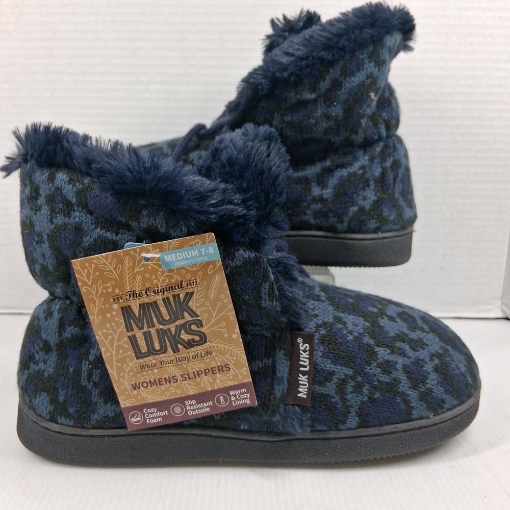 Muk Luks Womens Dark Sapphire Leopard Print Bootie Slippers 16993-405 Medium 7-8